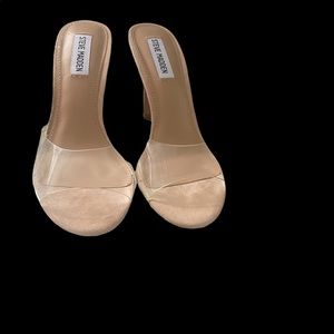 Steve Madden Signal sexy tan nude suede and clear front  backless sandals size 7